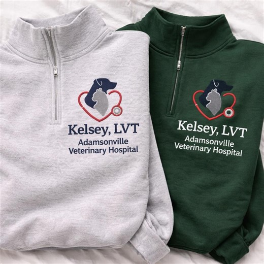 Custom Logo Quarter Zip Vet Sweatshirt, Personalized Gift For Veterinarian, Vet Tech, LVT or DVM Graduation Gift, Cat Veterinarian Office
