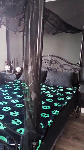 Tactical Spooky room, I finally managed to finish my beautiful bedroom and I'm so happy with the results... beautiful blanket by @Warm People #grenaderoomchallenge #roommakeover #blackroom #spookyroom #gothicroom #gothicdecor #gothicstyle #alternativeg #gothichome #gothdecor