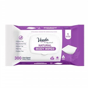 Veeda Natural Cotton Body Wipes for Adults - 300 Count, Hypoallergenic & Unscented Personal Cleansing Wipes