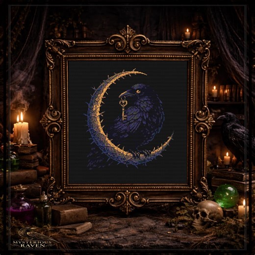 Raven Moon Cross Stitch Pattern: Gothic Raven Embroidery PDF, Thorn Crescent Fantasy Art - Etsy