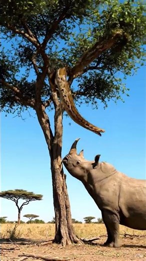 Angry Rhino knocks down A huge python on a tree #rhino #python #shorts
