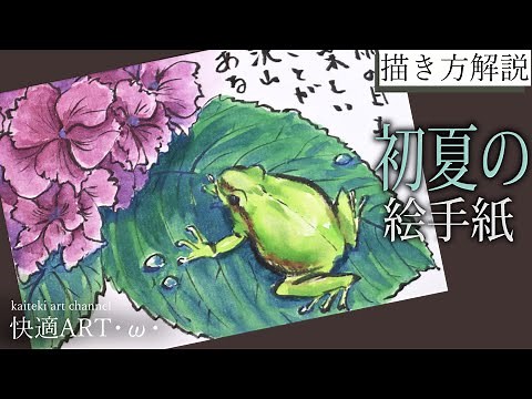 【解説】初夏・夏の絵手紙🐸『カエルと紫陽花』５月、6月、7月 上級者向けリアルな絵手紙