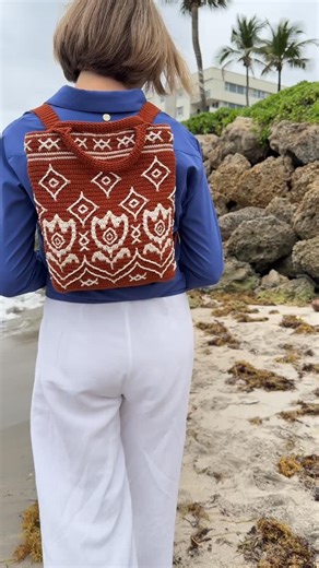 Crochet designer Natalia Kononova on Instagram: "Terrana Backpack Overlay Mosaic Crochet Pattern (Find this pattern at OutstandingCrochet.com - link in profile). Yarn: @scheepjes Catona. You never know which bag will become your favorite 🤩 This one won me over with its size, comfy handles, and folk-art feel. #crochetpattern #outstandingcrochet #mosaiccrochet"