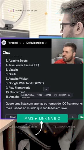 JDev Treinamento 》Alex F. E. 💍👫 🐕‍ on Instagram: "1. Spring 2. Hibernate 3. Apache Struts 4. JavaServer Faces (JSF) 5. Vaadin 6. Grails 7. Apache Wicket 8. Google Web Toolkit (GWT) 9. Play Framework 10. Dropwizard 11. Apache Tapestry 12. Spark Framework 13. Micronaut 14. JHipster 15. Ratpack 16. Quarkus 17. Blade 18. Vert.x 19. JUnit 20. TestNG 21. Cucumber 22. Mockito 23. Apache Kafka 24. Akka 25. Jackson 26. Log4j 27. SLF4J 28. JibX 29. MyBatis 30. EclipseLink 31. PrimeFaces 32. RichFaces 3