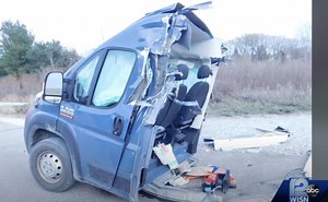 New video of Amazon van sliced in half by train