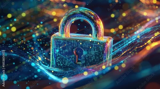 Digital Fortress: A radiant depiction of a digital lock, symbolizing online security, is enshrouded by dynamic data streams and a constellation of light particles.