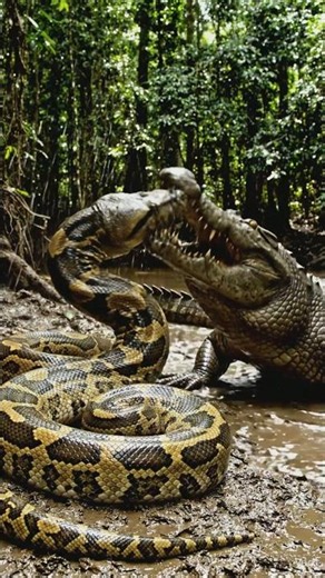 Giant Python vs Crocodile Fight | Epic Wildlife Battle 🐍🐊 #Shorts #PythonVsCrocodile #GiantPython