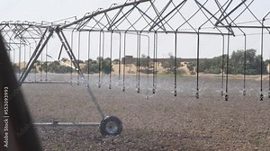 Sprinklers On Center Pivot Irrigation System Watering Field. Slow Motion