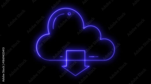 Glowing neon line animation of a cloud download symbol on a black background, data transfer, cloud computing, online storage, or digital download