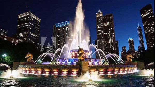 The Buckingham Fountain, located in the city of Chicago The Buckingham Fountain is significant landmark in the center of Grant Park, Chicago. It is among the biggest fountains globally.