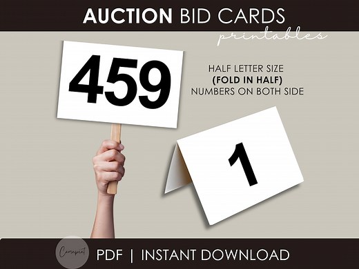 Auction Bid Card Printable, Fundraising Numbers, Numbered Cards, Auction Printable for Non-profit School Auction Charity Event PDF Half-size - Etsy
