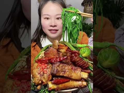 Susu Yummy Spicy Food Mukbang 😋 Eating Fried Pork Ribs With Sausage And Green Vegetables #mukbang