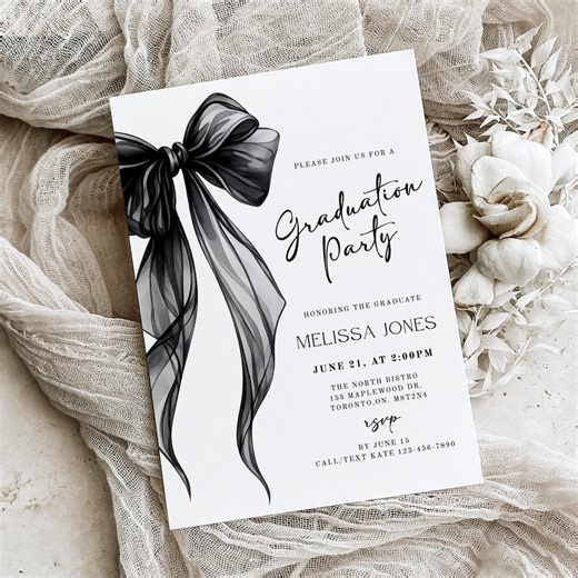 Black Bow Graduation Party Invitation Template, Editable Graduation Invite, Modern Grad Announcement 2026, Coquette Evite, Canva Printable - Etsy
