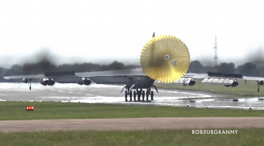 B-52 Bomber Crabbing Into Landing with Chute Deployment