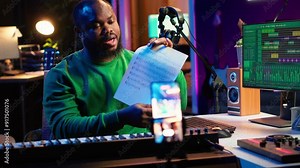 Talented composer explaining musical sheet notes during online master class recorded with smartphone in home studio. Artist musician teaching people how to read and sing accords on piano. Camera A. Stock Video