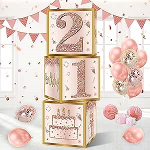 Guiruiy 3Pcs 21st Birthday Decorations Balloon Gift Boxes for Her Women | Pink Rose Gold Twenty-One Year Old Happy 21 Birthday Balloons Paper Cardboard Boxes Funny Photo Booth Props Party Supplies