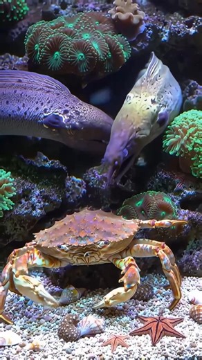 A stunning display of nature's tension! This is a truly captivating scene from a vibrant coral reef tank. Watch as a magnificent King Crab takes center stage, its shell a shield of armor, while two majestic Moray Eels — one a deep purple-brown and the other a pale green and gold — glide in from the shadows. The eels appear to eye the crab with a mix of curiosity and predatory intent, their mouths slightly agape. The contrast between the bright, glowing green coral polyps and the muted, earthy to