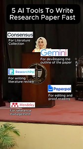 815K views · 3.7K reactions | 5 AI Tools to write a research paper Fast Consensus: https://consensus.app/Researchpal: https://researchpal.co/?via=drrizwanaPaperpal: https://bit.ly/4ayhxqbGemini AI: https://gemini.google.com/Mendely: https://www.mendeley.com/ | Dr Rizwana Mustafa | Facebook