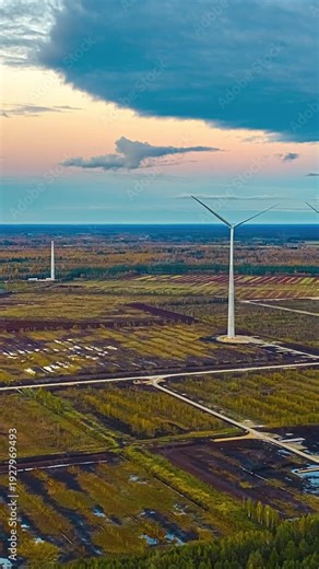 A landscape with forests, meadows and windmills, captured in a timelapse from a drone perspective.