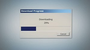 Retro downloading dialog box with blue status bar, percentage showing progress