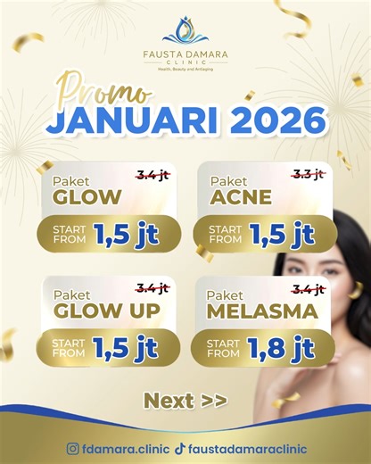 Fausta Damara Clinic Bogor on Instagram: "✨ New Year, New Skin Goal! ✨ 2026 gak cuma resolusi… tapi kulit harus naik level 💆‍♀️💖 ✨ Glow biar makin pede ✨ Acne bye-bye tanpa drama ✨ Glow Up tanpa filter ✨ Melasma? Udah waktunya pamit Mulai 1,5 jt-an aja kamu udah bisa invest ke diri sendiri ✨ Karena cantik itu bukan mahal, tapi niat & konsisten 😌 FREE KONSULTASI 👉👉Klik link di bio & booking sekarang 💛 — ✨BPOM, Halal, Dermatologist Formula, Cruelty Free ✨Health, Beauty & Anti Aging Solution