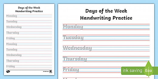 Days of the Week Handwriting Tracing Practice Worksheets