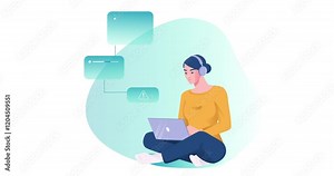 Software development. Moving banner with female programmer testing code, finding bugs and fixing errors in script. Information technology, engineering and coding. Cartoon flat animated graphics