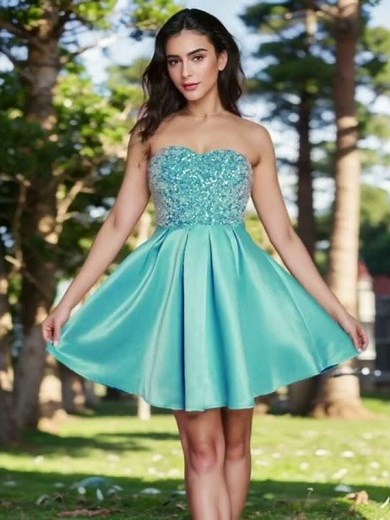 Sweetheart Sequin A Line Satin Short Prom Dress