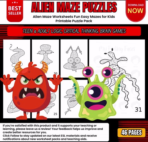 Alien Critical Thinking Worksheets Fun Easy Mazes for Kids Printable Puzzle Pack - Etsy