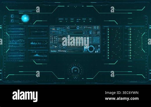 A comprehensive futuristic HUD loop animation featuring a rich array of glowing interface elements, scanning indicators, data readouts, and dynamic UI components on a dark background. Versatile and commercially ready, suitable for technology Stock Video Footage - Alamy