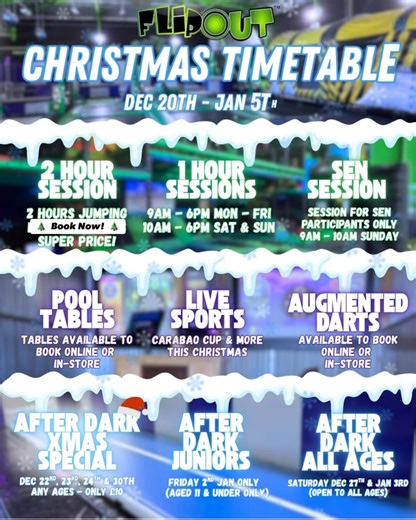 NOT LONG LEFT OF OUR CHRISTMAS TIMETABLE! ⏰ Book NOW to take advantage of our awesome offers this holiday season! We are OPEN throughout New Years! 31st - 9am-4pm 1st - 10am-8pm BOOK EARLY TO AVOID DISAPPOINTMENT | Flip Out Portsmouth