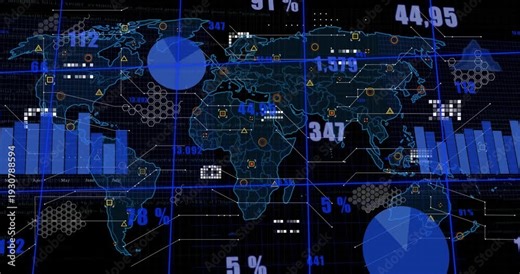 On data refresh, world map updating and animating charts and markers, showing synced global metrics