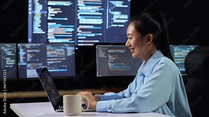 Side View Of Asian Female Programmer Drinking Coffee While Writing Code By A Laptop Using Multiple Monitors Showing Database On Terminal Window Desktops In The Office