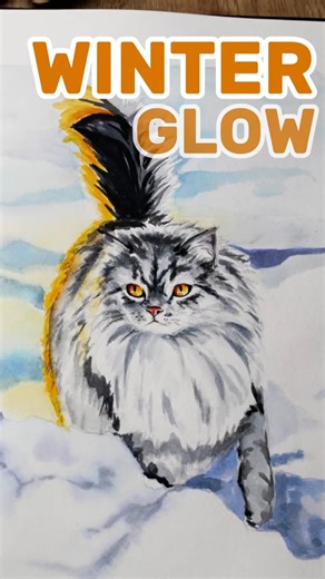 Watercolour painting process of a cat , walking in snow, touched by warm light. 🐈‍⬛🐱 #catpainting