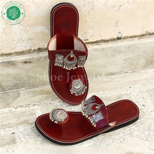 Handcrafted Red Leather Sandals: Silver Toe Ring Ethnic Slippers - Etsy