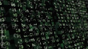 close up view of hexadecimal code scrolling on screen, various glitches on text, concept of hacker attack or virus (3d render)