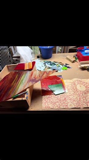 Starting on a window that has close to 300 pieces. Just showing you my process. I first draw out my pattern, trace all my pieces. Sometimes the glass isn’t transparent enough for me to trace on using my light box so I use transfer paper and trace my pattern, cut it out and glue it to the glass. The same process for the textured glass. If you do this, remember to flip your pattern over so the textured side is displayed. Once all is traced, I hand cut everything, grind each piece to match my patte