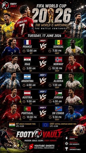 🔥 FIFA World Cup 2026 Fixtures | 17 June 2026 | IST & CEST Match Schedule ⚽#football #fifaworldcup