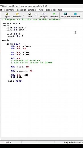 Division of two numbers | 8086 Assembly language programming #shorts