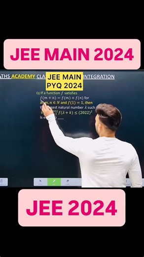 Shivang Gupta on Instagram: "JEE MAIN 2024 ( 9 April - Shift 1 ) Q) If a function 𝑓 satisfies 𝑓(𝑚+𝑛)=𝑓(𝑚)+𝑓(𝑛) for all 𝑚,𝑛∈𝑁 and 𝑓(1)=1, then the largest natural number 𝜆 such that ∑_(𝑘=1)^2022 𝑓(𝜆+𝑘)≤(2022)^2 is equal to ____. Odd even property definite integration jee mains 2025 pyq Jee sequence and series jee mains 2025 maths pyq solution jee advanced 2023 paper solution maths class 12 maths integration integration most important questions jee integration class 12 extra quest