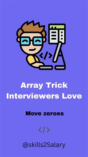 skills2salary on Instagram: "This Simple Trick Moves All Zeros Instantly ⚡ (LeetCode 283) This is one of the most common array interview problems ⚠️ Here’s LeetCode 283: Move Zeroes solved using a clean two-pointer approach. 👉 Keep relative order 👉 Move non-zeros forward 👉 Zeroes go to the end If you’re preparing for coding interviews or DSA, save this and follow for daily LeetCode patterns 🚀 #LeetCode #DSA #CodingInterview #PythonCoding #learntocode"