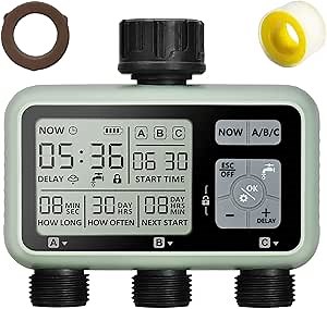 3 Outlet Sprinkler Timer Brass, Programmable Garden Hose Timer with Rain Delay, Manual& Automatic Watering System, Waterproof Digital Irrigation Controller Watering Evenly for 3 Separate Water Zones