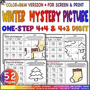 Winter Mystery Picture: One-Step Exact 4÷4 & 4÷3 Digit Division Math Practice