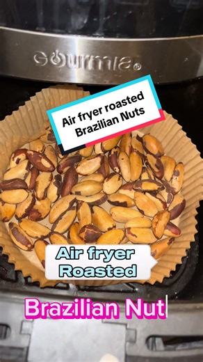 Let’s make air fryer roasted Brazilian nuts: I love Brazilian nuts. It is a protein a snack that is packed with calcium, magnesium, vitamin E and it’s one of the richest foods and selenium. Steps: 1) Place nuts on parchment paper in the air fryer. Make sure they’re spaced out. At this time you can spray with cooking spray, but that step is optional. 2) Cook for 6mins or until golden brown. 3) Toss will your favorite seasoning mixture. In this video I did salt garlic powder, onion powder. Enjoy �