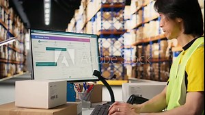 Warehouse worker scanning airway bills labels applied on cargo packages, monitoring shipping route on package tracking software. Registering the details for the logistics. Camera A.
