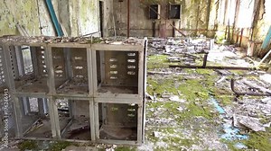 Chernobyl zone, Ukraine - 18th of June 2017: Visit to Duga radars (Soviet over-the-horizon radar system)- 4K One of moldy rooms at the old Duga radar station Stock Video