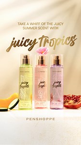 Experience Summer in a bottle with our new Juicy Tropics Fragrance 🌞 🏝Dive into a vibrant island escape with every spritz. Feel the ocean breeze caress your skin as exotic fruits and sun-kissed florals intoxicate your senses. Shop in #PENSHOPPE stores or online at 🌐 penshoppe.com 🇵🇭 Available on Shopee, Lazada, Zalora, and Tiktok Shop. Also available in Watsons, SM, Robinsons supermarkets, 7-Eleven, and all leading supermarkets nationwide. #PENSHOPPE | Penshoppe