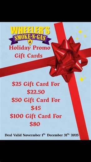 ‼️Holiday Promo Cards‼️ Need a holiday gift idea? Our holiday promo gift cards have returned for the holidays! 🎅🏻🎄 ⭐️$25 gift card for $22.50 ⭐️$50 gift cards for $45.00 ⭐️$100 gift card for $80.00 Valid November 1st through December 31st 2025! ‼️If you need a custom amount on the gift card, please come in during office hours: Monday-Friday 7am-4pm‼️ | Smoke N Gas