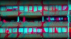 Red and green 3d effect scene of apartment blocks moving and glitching