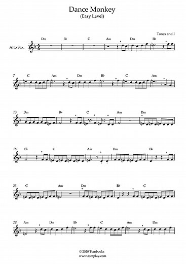 Dance Monkey (Easy Level, Alto Sax) (Tones And I) - Saxophone Sheet Music